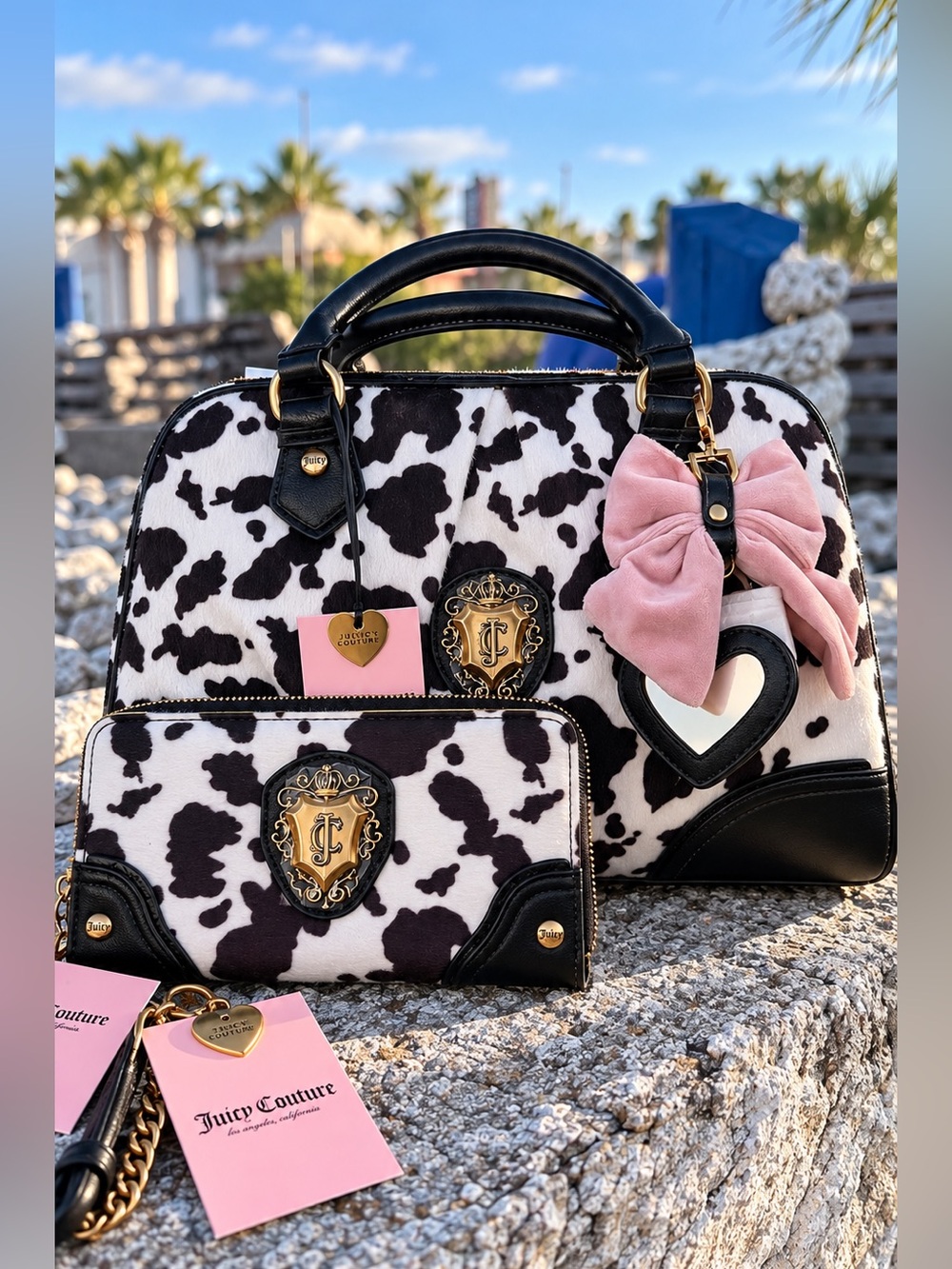 Juicy Couture Black & White Cow Print Satchel with Pink Bow Charm and wallet